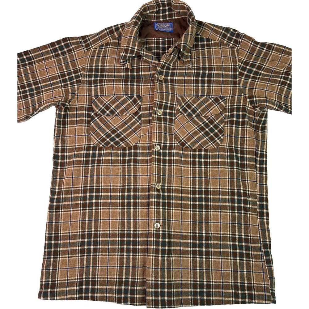 Vintage 70s Pendleton Board Shirt Men’s Medium Brown Plaid Wool Made in USA
